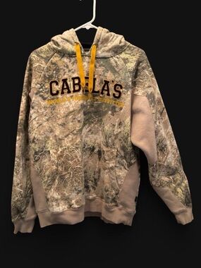 Cabela's Camouflage Pullover Hoodie with Yellow Drawstrings L